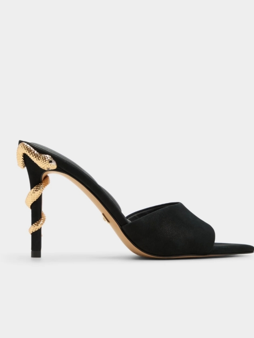 Aldo Seashella Slip On Stiletto Heels Mule Sandals Black Suede Gold Snake 6 - Picture 2 of 13